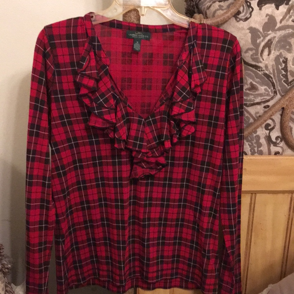 Lauren Ralph Lauren red plaid top with subtle vneck